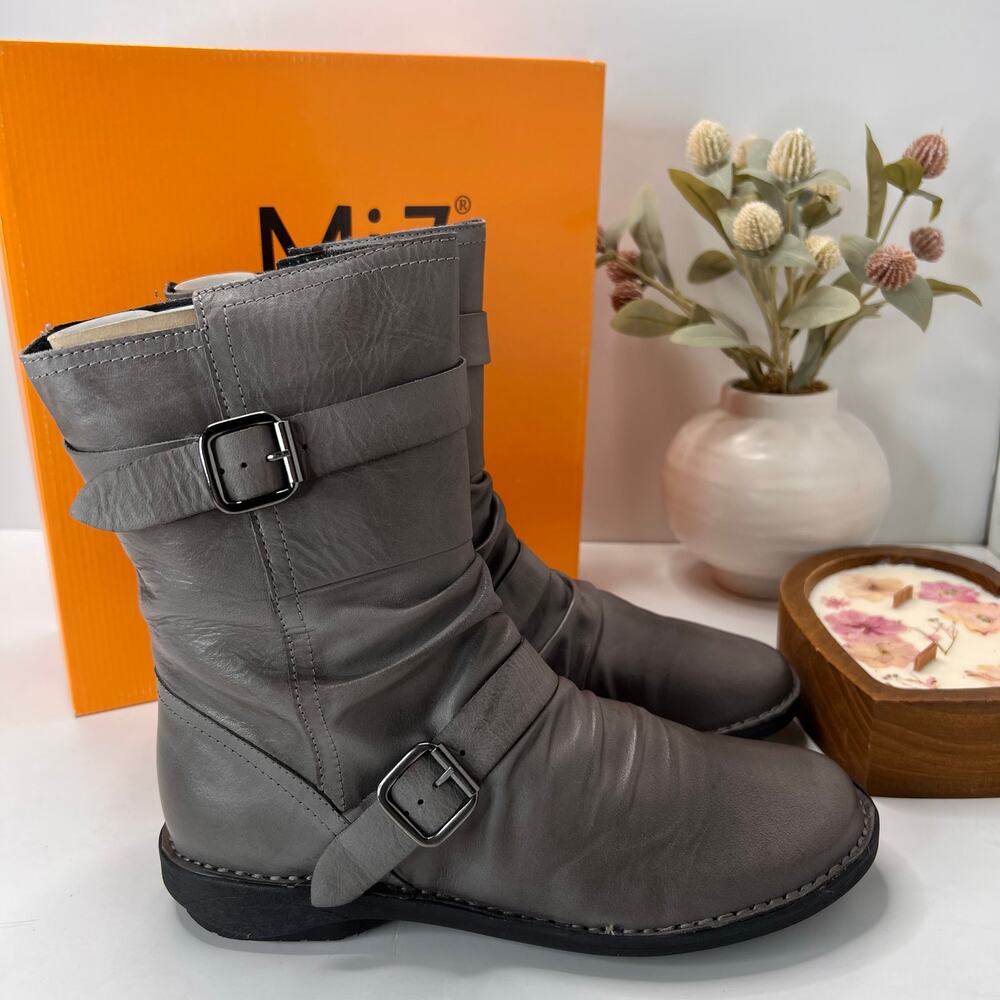 Miz Mooz Pasha Buttery Soft Leather Boot Ruched Zip Up Graphite Women 39/8.5 NWB